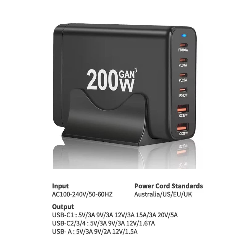 200W Gan Charger 6 Ports USB Type C PD Charger Quick Charge 3.0 USB Type C Quick Charger Mobile Phone USB Charger