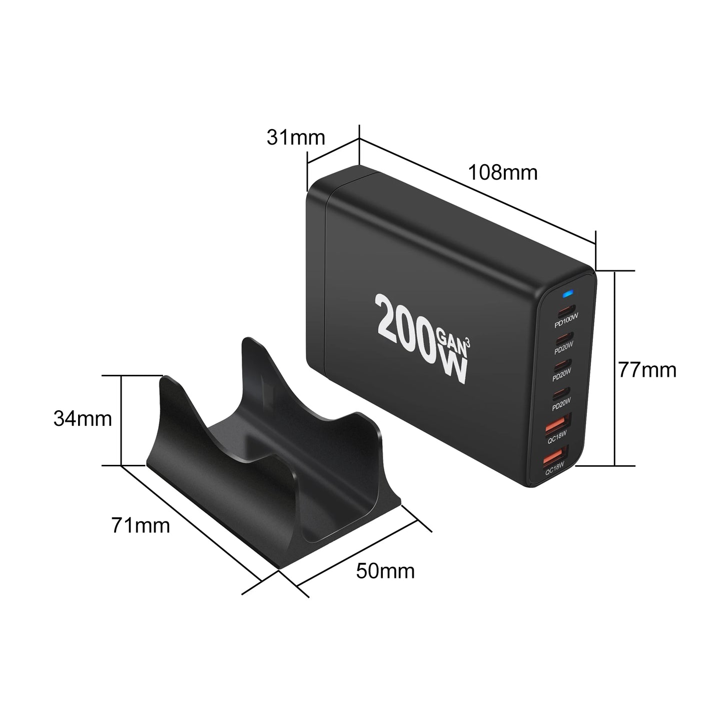 200W Gan Charger 6 Ports USB Type C PD Charger Quick Charge 3.0 USB Type C Quick Charger Mobile Phone USB Charger